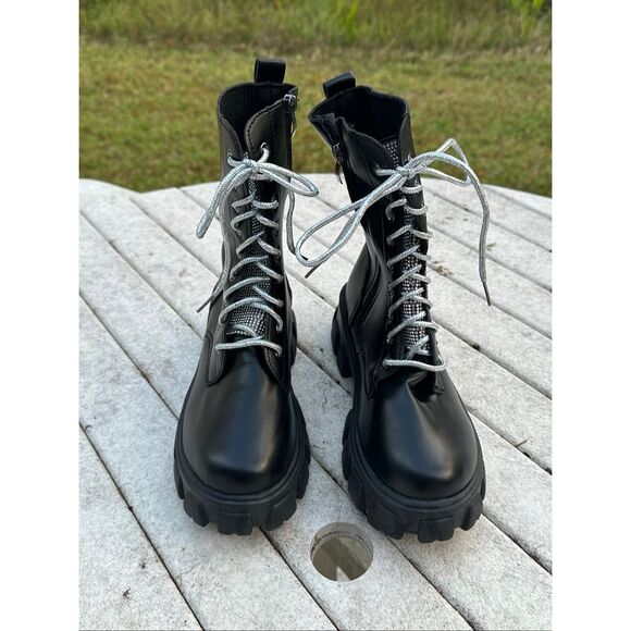 Diamond Black Chunky Lace-Up Side Zipper Calf Boot - Black Size 9.5 - Picture 10 of 10